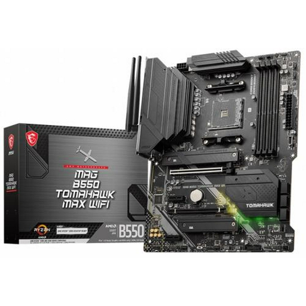 Мат.плата AM4 (B550) MSI MAG B550 TOMAHAWK MAX WIFI, B550, 4xDDR4, CrossFire, Int.Video(CPU), 6xSATA3, 2xM.2, 1xPCI-E 16x 4.0, 1xPCI-E 16x 3.0, 2xPCI-E 1x 3.0, ALC897, RTL8125B, WiFi 6, Bluetooth 5.2, 7xUSB3.2/6xUSB2.0, HDMI/DP, ATX