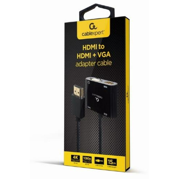 Перехідник HDMI (M) - HDMI (F) / VGA (F), Cablexpert, Black, 15 см, 3.5 мм для передачі звуку, microUSB для додаткового живлення (A-HDMIM-HDMIFVGAF-01) - 5