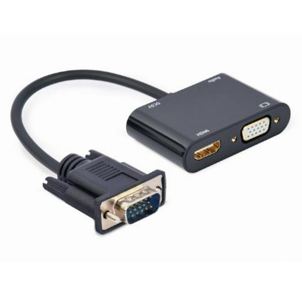 Перехідник VGA (M) - HDMI (F) / VGA (F), Cablexpert, Black, 15 см, 3.5 мм для передачі звуку, microUSB для додаткового живлення (A-VGA-HDMI-02)