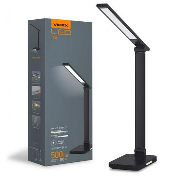Лампа настільна LED Videx TF17B, Black, 18 Вт, 500 лм, 1800K - 6500K, бездротова зарядка (8 Вт), сенсорне керування, USB, IP20 (VL-TF17B) - 7