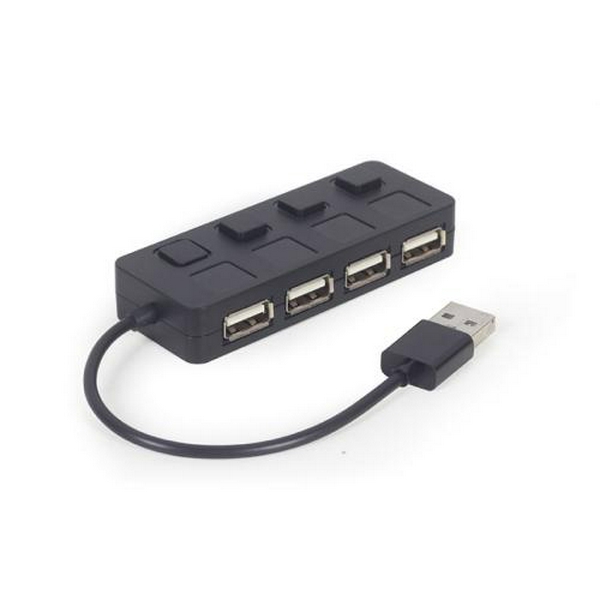 Хаб USB Gembird UHB-U2P4-05, Black, USB 2.0 - 4xUSB 2.0, 15 см, кнопка вимкнення для кожного порту з підсвічуванням