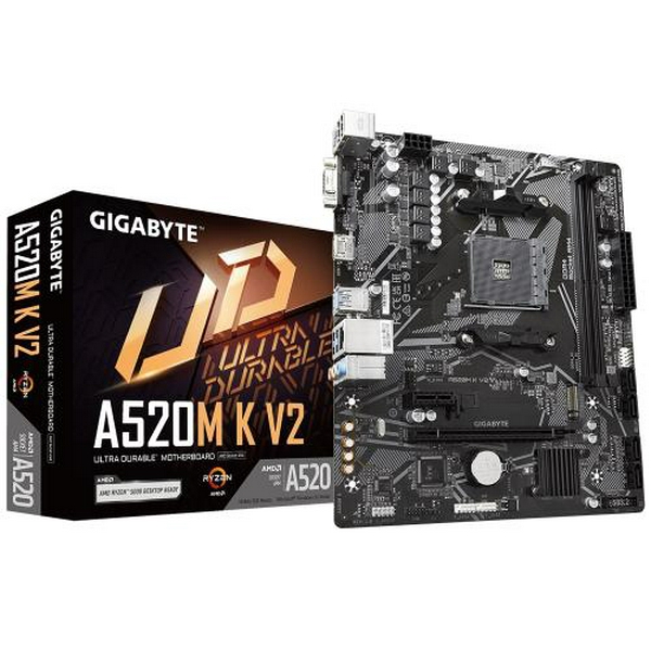 Мат.плата AM4 (A520) Gigabyte A520M K V2, A520, 2xDDR4, Int.Video(CPU), 4xSATA3, 1xM.2, 1xPCI-E 16x 3.0, 1xPCI-E 1x 3.0, ALC887, RTL8111H, 6xUSB3.2/6xUSB2.0, VGA/HDMI, MicroATX