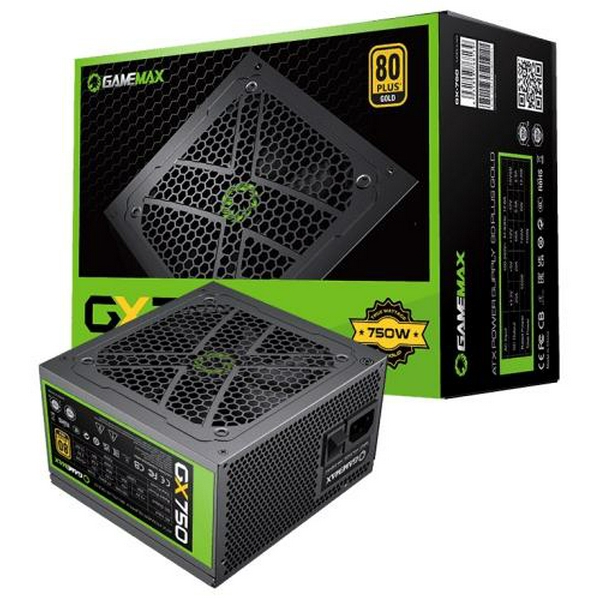 Блок живлення 750 Вт, GameMax GX-750, Black, модульний, 80+ Gold, Active PFC, 12 см, 3xMolex / 6xSATA / 4x6+2-pin / 2x4+4-pin / 1x20+4-pin, захист OVP / UVP / OCP / OLP / OPP / SCP - 5