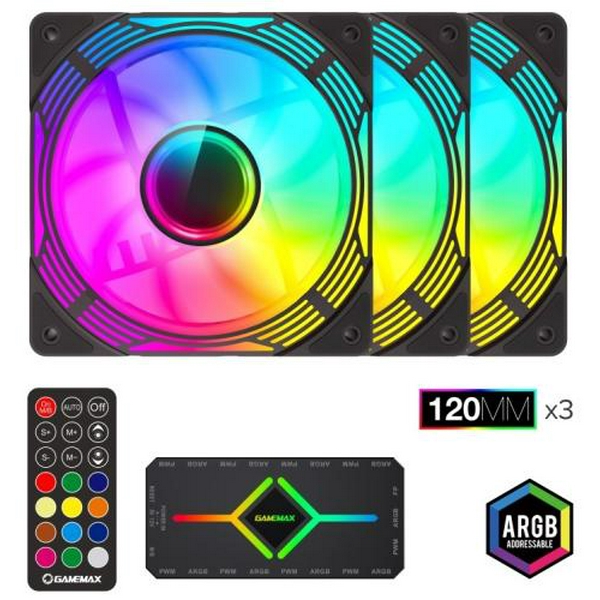 Вентилятор 120 мм, GameMax KF300, Black, 3 шт, 120х120х25 мм, RGB підсвічування, 800-1600 об/хв, 31.2 дБ, 4-pin (PWM) / 3-pin (RGB), Hydraulic Bearing, ARGB HUB, пульт ДК (KF300 BK) - 6