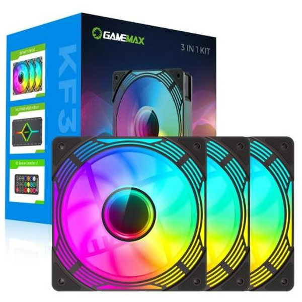 Вентилятор 120 мм, GameMax KF300, Black, 3 шт, 120х120х25 мм, RGB підсвічування, 800-1600 об/хв, 31.2 дБ, 4-pin (PWM) / 3-pin (RGB), Hydraulic Bearing, ARGB HUB, пульт ДК (KF300 BK) - 7