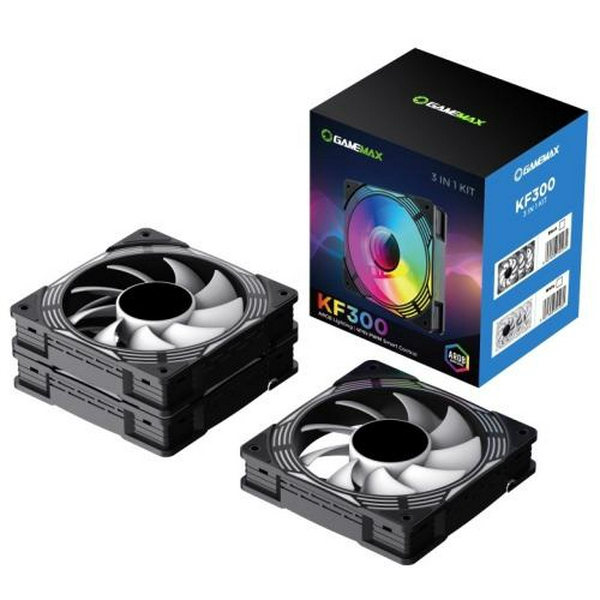Вентилятор 120 мм, GameMax KF300, Black, 3 шт, 120х120х25 мм, RGB підсвічування, 800-1600 об/хв, 31.2 дБ, 4-pin (PWM) / 3-pin (RGB), Hydraulic Bearing, ARGB HUB, пульт ДК (KF300 BK) - 8