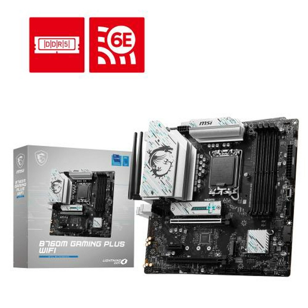 Материнська плата LGA1700, MSI B760M GAMING PLUS WIFI, B760, 4xDDR5, Int.Video(CPU), 4xSATA3, 2xM.2, 2xPCI-E 4.0 x16, 1xPCI-E 3.0 x1, ALC897, RTL8125BG, WiFi 6E, Bluetooth 5.3, 9xUSB 3.2 / 6xUSB 2.0, 2xHDMI/2xDP, Micro ATX