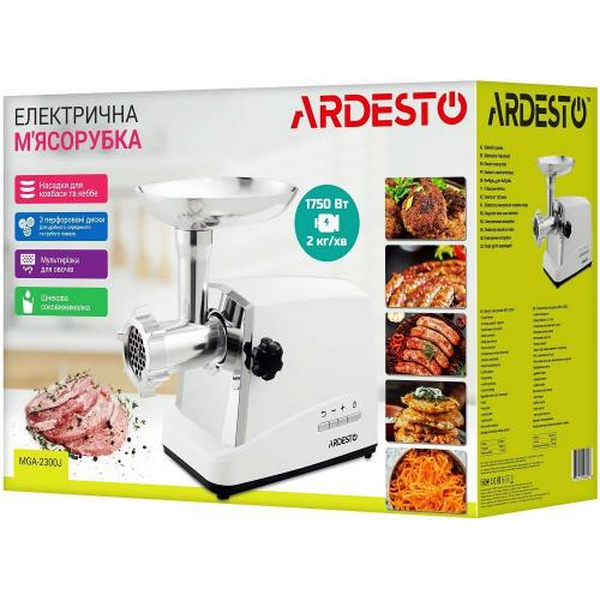 М'ясорубка Ardesto MGA-2300J, White/Silver, 1750Вт, 3 диски, 2кг/хв, тертка/шатківниця, насадки домашніх ковбасок та кеббе, для картоплі, реверс - 9