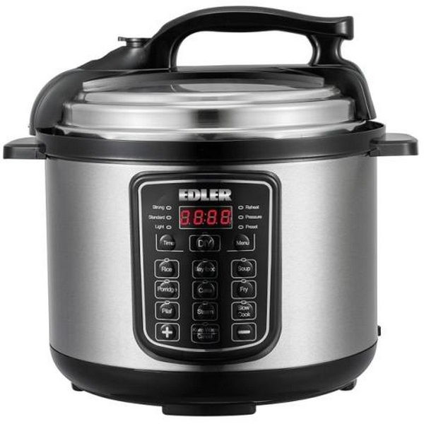 Мультиварка-скороварка Edler ED-PC1806, Black/Silver, 900W, електронне кнопкове управління, чаша 5л, дисплей, програм 16, антипригарне покриття, таймер відстрочки, автопідігрів, автоматичний контроль тиску