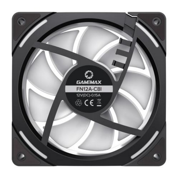 Вентилятор 120 мм, GameMax FN12A-C8I-R, Black, 120х120х25 мм, ARGB підсвічування, 800-1600 об/хв, до 31.21 дБ, 4-pin (PWM, 50 см) / 3-pin (ARGB, 50 см), гідродинамічний підшипник - 3