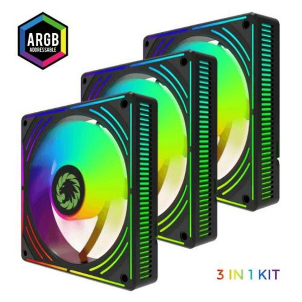 Вентилятор 120 мм, GameMax RA300, Black, 3 шт, 120х120х25 мм, ARGB підсвічування, 800-1600 об/хв, до 31.21 дБ, 4-pin (PWM, 50 см) / 3-pin (ARGB, 50 см), гідродинамічний підшипник