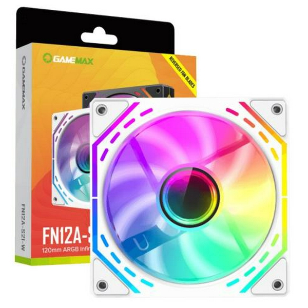 Вентилятор 120 мм, GameMax FN12A-S2I-RW, White, 120х120х25 мм, ARGB підсвічування, 800-1600 об/хв, до 31.21 дБ, 4-pin (PWM) / 3-pin (ARGB), гідродинамічний підшипник - 5