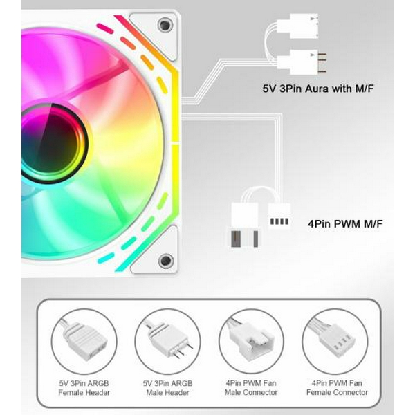 Вентилятор 120 мм, GameMax FN12A-S2I-W, White, 120х120х25 мм, ARGB підсвічування, 800-1600 об/хв, до 31.21 дБ, 4-pin (PWM) / 3-pin (ARGB), гідродинамічний підшипник - 5