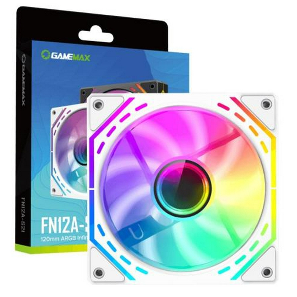 Вентилятор 120 мм, GameMax FN12A-S2I-W, White, 120х120х25 мм, ARGB підсвічування, 800-1600 об/хв, до 31.21 дБ, 4-pin (PWM) / 3-pin (ARGB), гідродинамічний підшипник - 6
