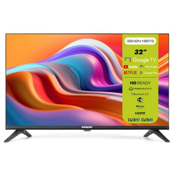 Телевізор 32" Romsat 32HGN18ST2, 1366х768, 60 Гц, Smart TV, Google TV, DVB-T2/C, 3xHDMI, 2xUSB, VESA 200x100