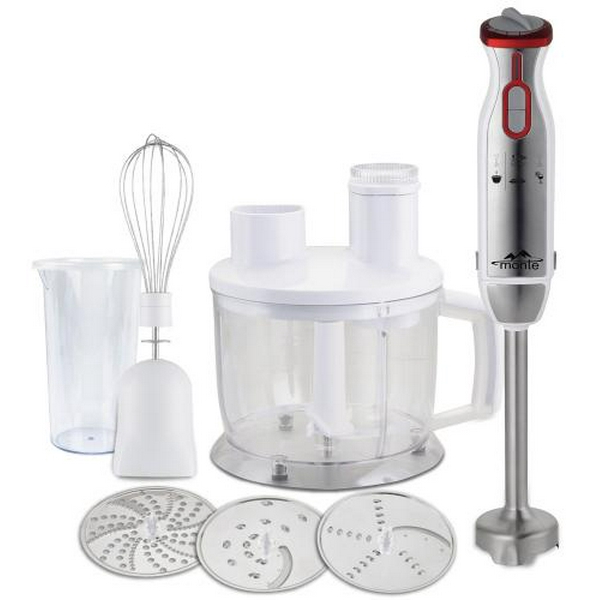 Блендер Monte MT-1910 W, White/Inox, 1000W, занурювальний, 2 швидкості з плавним регулюванням, мірний стакан 600 мл з кришкою, велика чаша подрібнювач 1750 мл, 3 диски, ножка з нержавіючої сталі, вінчик