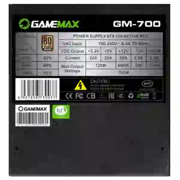 Блок живлення 700 Вт, GameMax GM-700, Black, напівмодульний, 80+ Bronze, Active PFC, 14 см, 3xMolex / 6xSATA / 2x6+2-pin / 1x4+4-pin / 1x20+4-pin, захист OVP / UVP / OCP / OLP / OPP / SCP - 7