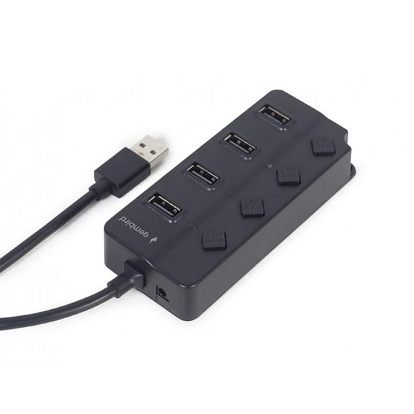 Хаб USB Gembird UHB-U2P4P-01, Black, USB 2.0 - 4xUSB 2.0, кабель 80 см, кнопка вимкнення для кожного порту - 2