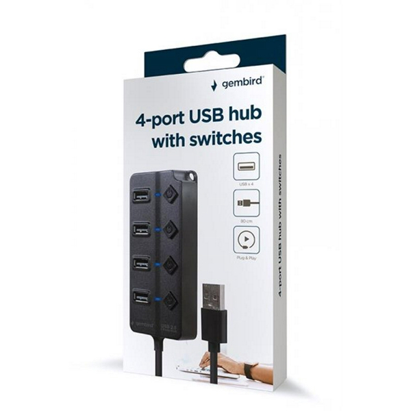 Хаб USB Gembird UHB-U2P4P-01, Black, USB 2.0 - 4xUSB 2.0, кабель 80 см, кнопка вимкнення для кожного порту - 5