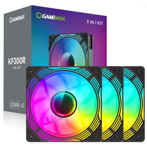 Вентилятор 120 мм, GameMax KF300R, Black, 3 шт, 120х120х25 мм, RGB підсвічування, 800-1600 об/хв, 31.2 дБ, 4-pin (PWM) / 3-pin (RGB), Hydraulic Bearing, 9 Reverse Fan Blade (KF300R BK) - 7