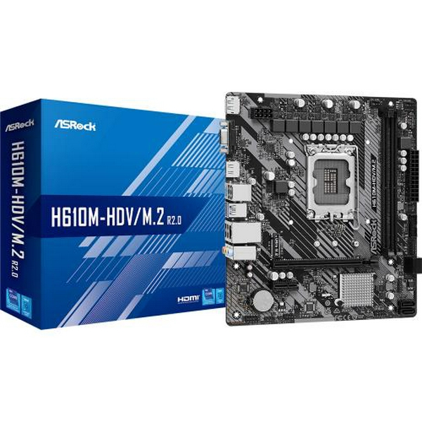 Мат.плата LGA1700, ASRock H610M-HDV/M.2 R2.0, H610, 2xDDR4, Int.Video(CPU), 4xSATA3, 1xM.2, 1xPCI-E 4.0 x16, 1xPCI-E 3.0 x1, ALC897, RTL8111H, 4xUSB3.2/6xUSB2.0, VGA/HDMI/DP, MicroATX