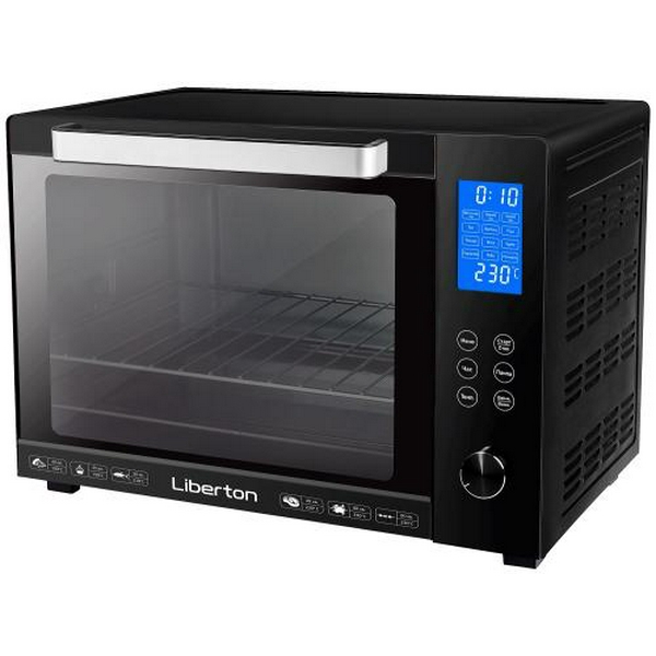 Електродуховка Liberton LEO-601Е Black, 1900W, 60л, 3 режима нагріву, 12 програм, дисплей, конвекція, підсвітка, 30-230 °C, сенсорне керування, таймер, рожен, решітка, деко, лоток для крихт та жиру, тримач для дека, терморукавиця