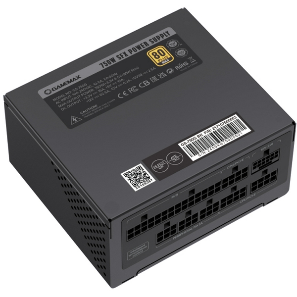 Блок живлення 750 Вт, GameMax GS-750G, Black, SFX, модульний, 80+ Gold, Active PFC, 9.2 см, 3xMolex / 4xSATA / 1x16-pin / 3x2+6-pin / 2x4+4-pin / 1x20+4-pin, захист OVP / UVP / OCP / OTP / OPP / SCP - 9