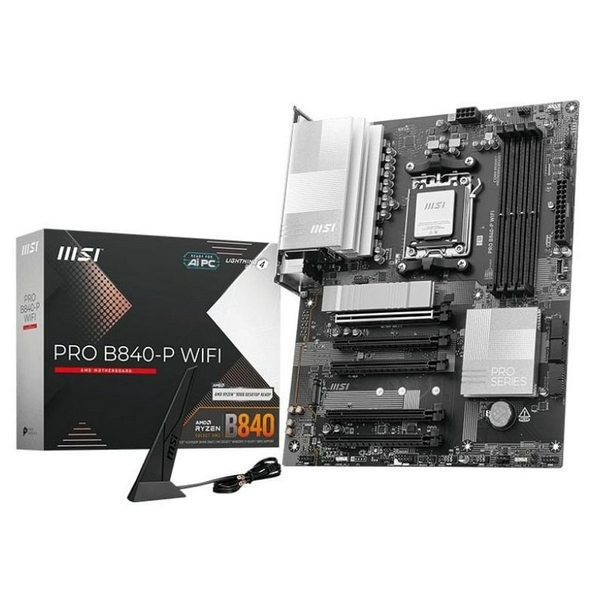 Материнська плата AM5 MSI PRO B840-P WIFI, B840, 4xDDR5, Int.Video (CPU), 4xSATA3, 2xM.2, 1xPCI-E 4.0 x16, 4xPCI-E 3.0 x16, ALC897, Realtek 8125D 2.5Gb, WiFi 7, Bluetooth 5.4, 7xUSB 3.2 / 8xUSB 2.0, HDMI, ATX