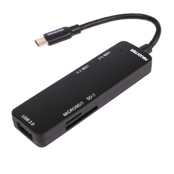 Хаб USB Maxxter HU3C-3PTF-01, Black, Type-C 3.0 - 1xUSB 3.0 / 2xUSB 2.0 / microSD / SD, кабель 12 см