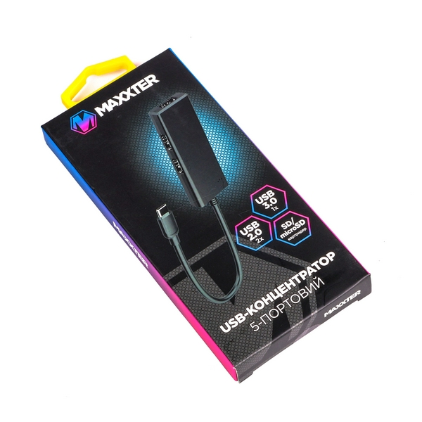 Хаб USB Maxxter HU3C-3PTF-01, Black, Type-C 3.0 - 1xUSB 3.0 / 2xUSB 2.0 / microSD / SD, кабель 12 см - 4
