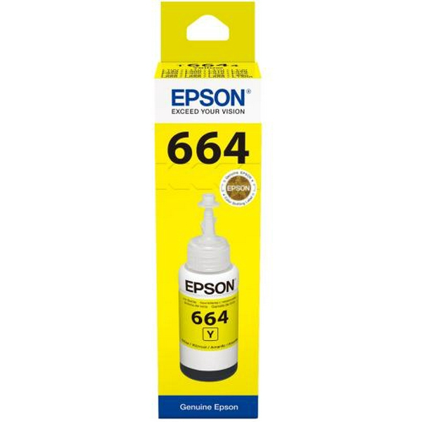 Чорнило Epson 664, Yellow, для L100/110/120/1300/132/1455/200/210/222/300/312/350/355/362/364/366/382/386/456/486/550/555/566/605/655, L3050/3060/3070, 70 мл (C13T66444A)