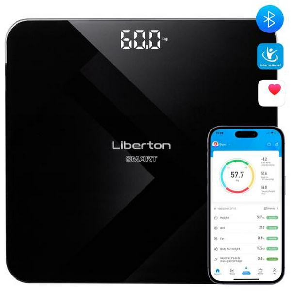 Ваги підлогові Liberton LBS-0818 SMART, Black, LCD-дисплей, синхронизація по Bluetooth, максимальна вага 180кг, точність вимірювання 100г, матеріал поверхні ударостійке скло, індикатор заряду, індикатор перевантаження, живлення 3*AAA (у комплекті)