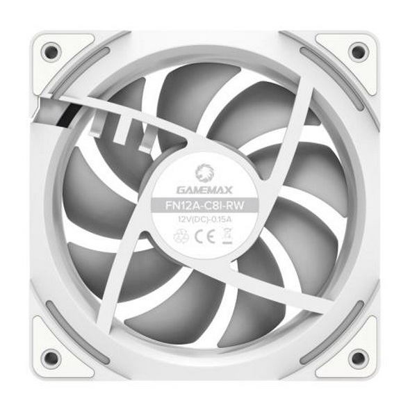 Вентилятор 120 мм, GameMax FN12A-C8I-RW, White, 120х120х25 мм, ARGB підсвічування, 800-1600 об/хв, до 31.21 дБ, 4-pin (PWM, 50 см) / 3-pin (ARGB, 50 см), гідродинамічний підшипник - 3