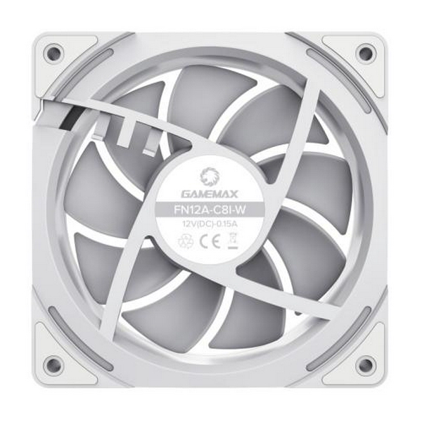 Вентилятор 120 мм, GameMax FN12A-C8I-W, White, 120х120х25 мм, ARGB підсвічування, 800-1600 об/хв, до 31.21 дБ, 4-pin (PWM, 50 см) / 3-pin (ARGB, 50 см), гідродинамічний підшипник - 3