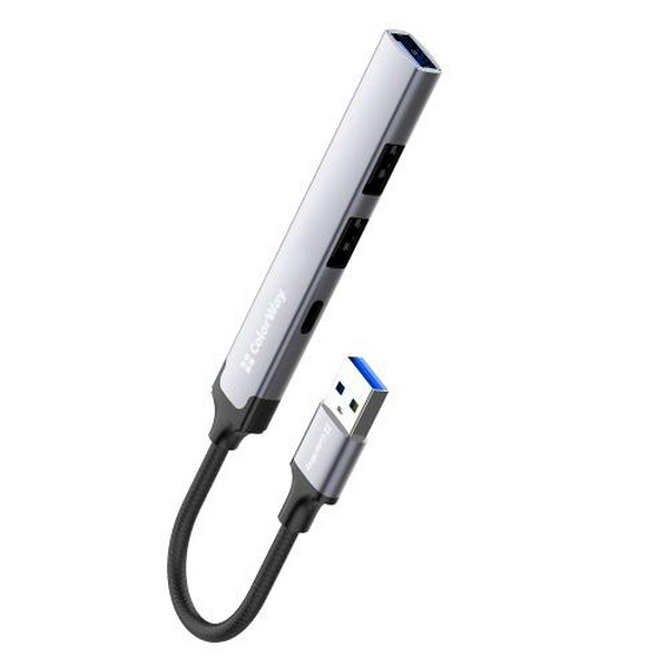 Хаб USB ColorWay "4-in-1", Grey, USB 3.0 - 1xType-C 2.0 / 1xUSB 3.0 / 2xUSB 2.0, кабель 12 см, алюмінієвий корпус (CW-HUB05)
