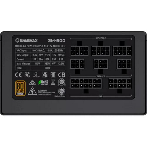 Блок живлення 600 Вт, GameMax GM-600, Black, модульний, 80+ Bronze, 14 см, 2xMolex / 3xSATA / 2x6+2-pin / 1x4+4-pin / 1x20+4-pin, захист OVP / UVP / OTP / OCP / OLP / OPP / SCP - 8