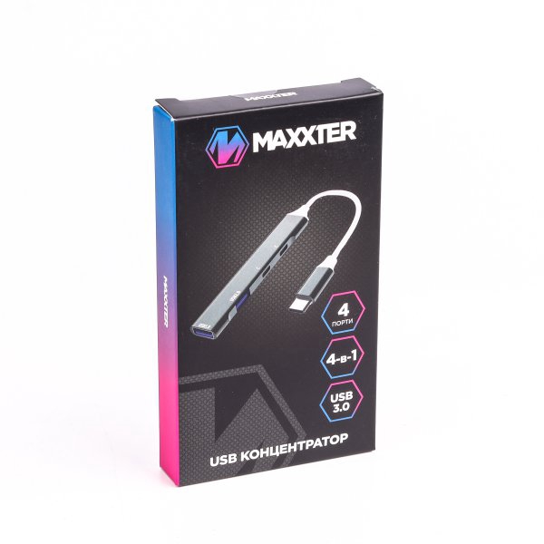Хаб USB Maxxter HU3C-4P-03, Grey, Type-C 3.0 - 2xType-C 2.0 / 1xUSB 3.0 / 1xUSB 2.0, кабель 12 см, алюмінієвий корпус - 4