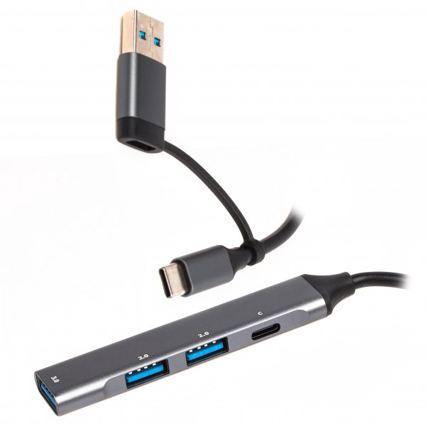 Хаб USB Maxxter HU3C-4P1CN-01, Grey, Type-C / USB 3.0 - 1xType-C 2.0 / 1xUSB 3.0 / 2xUSB 2.0, кабель 13 см, алюмінієвий корпус