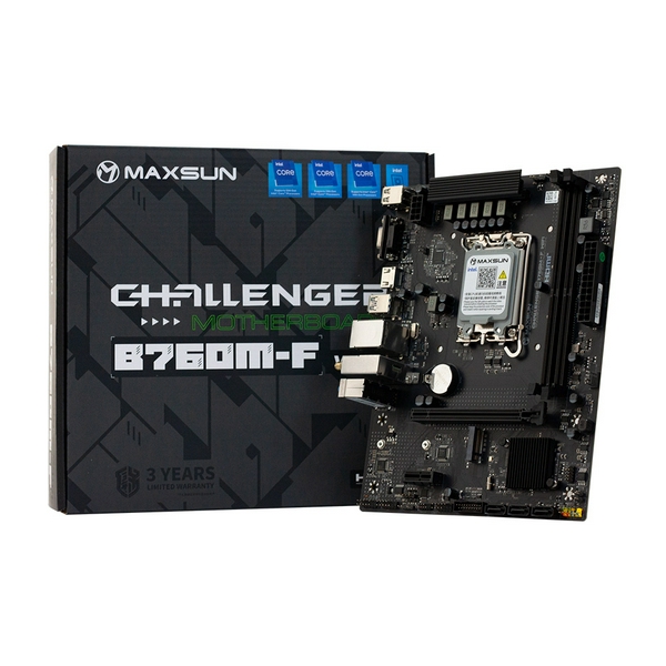 Мат.плата LGA1700, Maxsun Challenger B760M-F WIFI, B760, 2xDDR4, Int.Video(CPU), 3xSATA3, 1xPCI-E 16x 4.0, 1xPCI-E 1x, 1xM.2 4.0, RTL8111H, 2xUSB3.2/4xUSB2.0, VGA/HDMI, WiFi5+BT4.2, ARGB sync, MicroATX (MS-Challenger B760M-F WIFI)