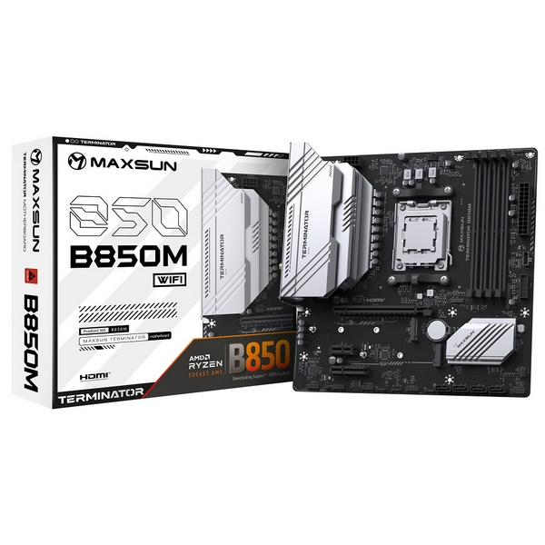 Материнська плата AM5 Maxsun Terminator B850M WIFI, B850, 4xDDR5, Int.Video (CPU), 4xSATA3, 2xM.2, 1xPCI-E 5.0 x16, 1xPCI-E 3.0 x4, 1xPCI-E 3.0 x1, ALC897, RTL8125BG, RTL8852BE, BT5.2, 4xUSB3.2/4xUSB2.0/1xUSB-C, DP/HDMI, Micro ATX
