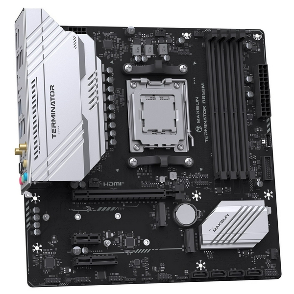 Материнська плата AM5 Maxsun Terminator B850M WIFI, B850, 4xDDR5, Int.Video (CPU), 4xSATA3, 2xM.2, 1xPCI-E 5.0 x16, 1xPCI-E 3.0 x4, 1xPCI-E 3.0 x1, ALC897, RTL8125BG, RTL8852BE, BT5.2, 4xUSB3.2/4xUSB2.0/1xUSB-C, DP/HDMI, Micro ATX - 3
