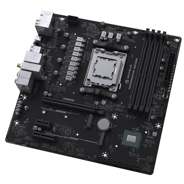 Материнська плата AM5 Maxsun Terminator B850M WIFI, B850, 4xDDR5, Int.Video (CPU), 4xSATA3, 2xM.2, 1xPCI-E 5.0 x16, 1xPCI-E 3.0 x4, 1xPCI-E 3.0 x1, ALC897, RTL8125BG, RTL8852BE, BT5.2, 4xUSB3.2/4xUSB2.0/1xUSB-C, DP/HDMI, Micro ATX - 4