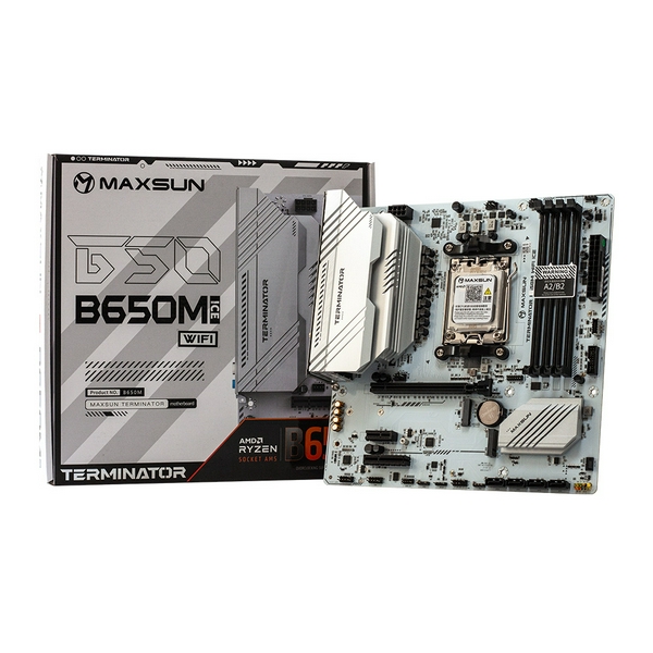 Материнська плата AM5 Maxsun Terminator B650M WIFI ICE, B650, 4xDDR5, Int.Video (CPU), 4xSATA3, 2xM.2, 1xPCI-E 4.0 x16, 1xPCI-E 3.0 x4, 1xPCI-E 3.0 x1, ALC897, RTL8125BG, RTL8852BE, BT5.2, RGB sync, 4xUSB3.2/4xUSB2.0/1xUSB-C, DP/HDMI, Micro ATX