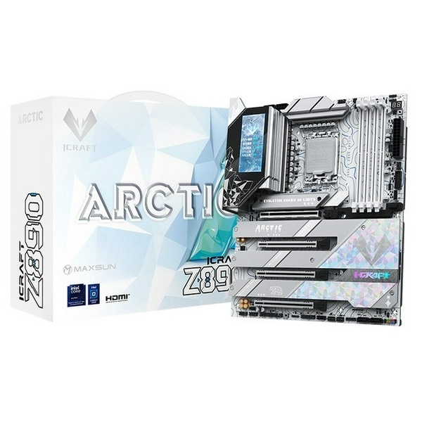 Материнська плата LGA1851, Maxsun iCraft Z890 ARCTIC, Z890, 4xDDR5, Int.Video(CPU), 4xSATA3, 1xPCI-E 16x 5.0, 1x PCI-E 8x 5.0, 2xPCI-E 4x 4.0, 4xM.2, RTL8126, 9xUSB3.2, 2*Type-C, DP/HDMI, WIFI7+BT5.4, 16 Phase, Debug, ARGB, ATX