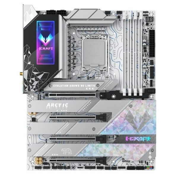Материнська плата LGA1851, Maxsun iCraft Z890 ARCTIC, Z890, 4xDDR5, Int.Video(CPU), 4xSATA3, 1xPCI-E 16x 5.0, 1x PCI-E 8x 5.0, 2xPCI-E 4x 4.0, 4xM.2, RTL8126, 9xUSB3.2, 2*Type-C, DP/HDMI, WIFI7+BT5.4, 16 Phase, Debug, ARGB, ATX - 3