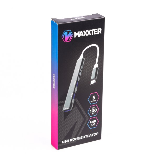 Хаб USB Maxxter HU3C-4P1PD-01, Grey, Type-C 3.0 - 1xType-C 3.0 (100 Вт) / 1xType-C 2.0 / 1xUSB 3.0 / 2xUSB 2.0, кабель 12 см, алюмінієвий корпус - 4