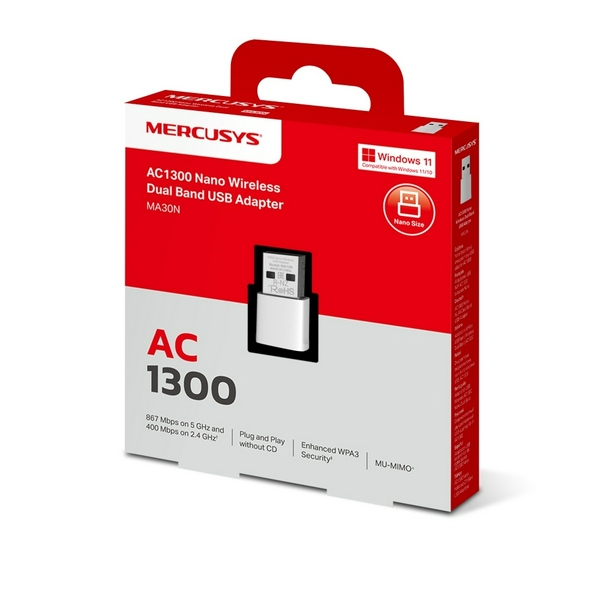 Мережевий адаптер Mercusys MA30N, White, USB, WiFi 5, 5 GHz (867 Мбіт/с) / 2.4 GHz (400 Мбіт/с), Nano, 1 внутрішня антена - 3