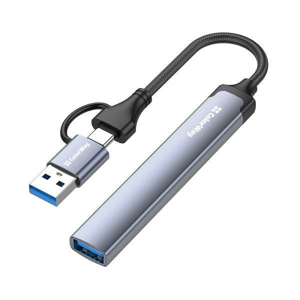 Хаб USB ColorWay "4-in-1", Grey, Type-C / USB 3.0 - 1xType-C 2.0 / 1xUSB 3.0 / 2xUSB 2.0, кабель 14 см, алюмінієвий корпус (CW-HUB06)