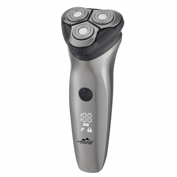 Електробритва Monte MT-5006 G, Grey, 5W, 3 плаваючі головки для гоління, роторна система гоління, сухе, вологе гоління, відкидний тример, живлення від акумулятора, IPX6, LCD індикатор рівня заряду