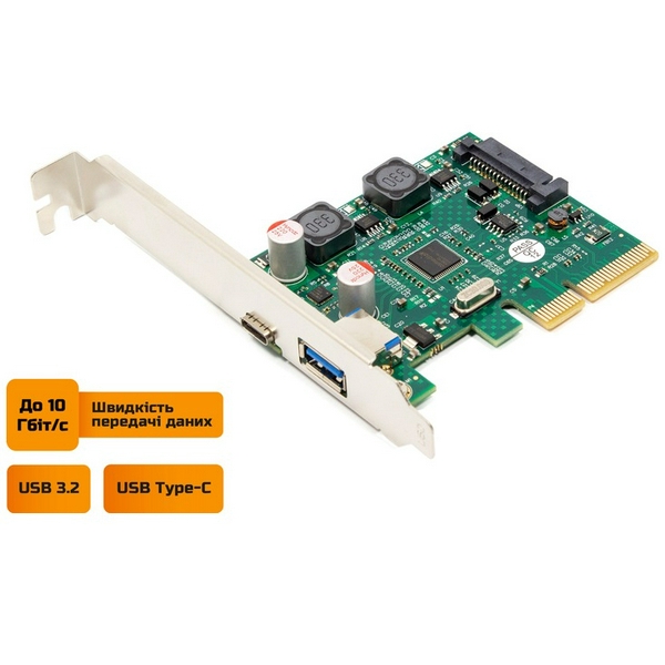 Плата розширення Frime PCI-E x4, 1xUSB 3.2 / 1xType-C, чіп ASM3142, живлення SATA (ECF-PCIEtoUSB011.LP) - 2